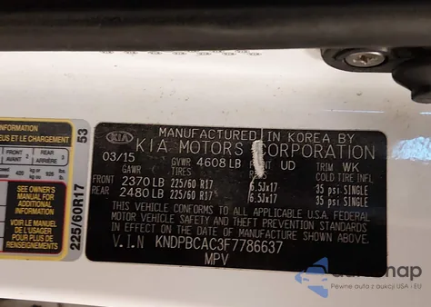 2015 Kia Sportage Lx z USA, uszkodzony, nr VIN KNDPBCAC3F7786637